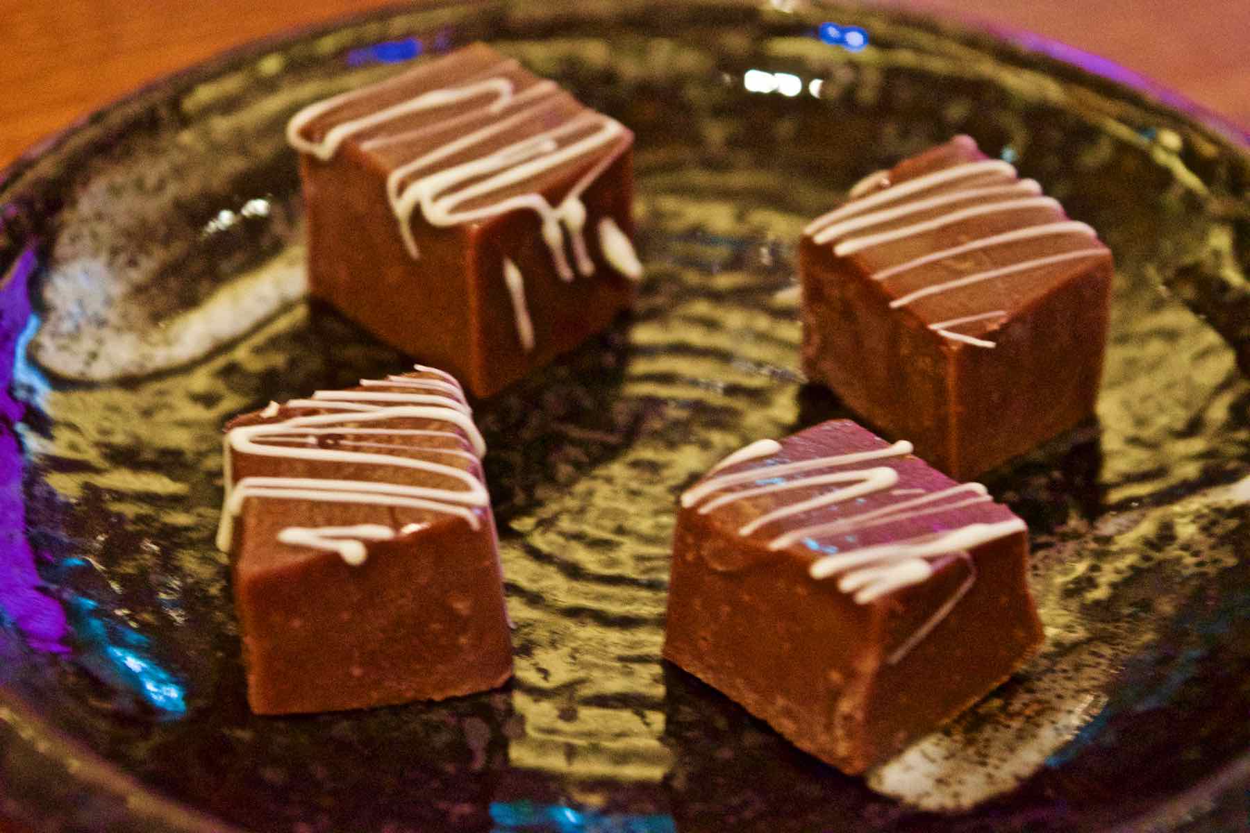 Chocolate fudge petit fours at Maze Restaurant, Mayfair