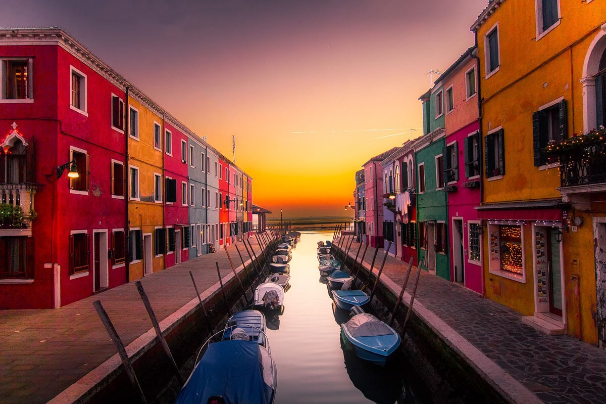Colourful houses in Murano at sunset