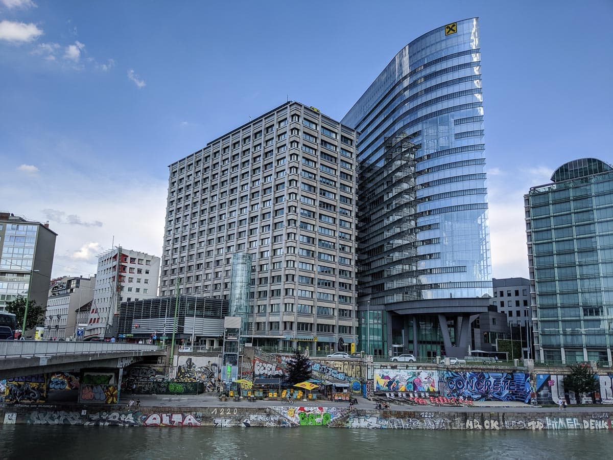 Interesting buildings and street art along the Danube Canal, Vienna