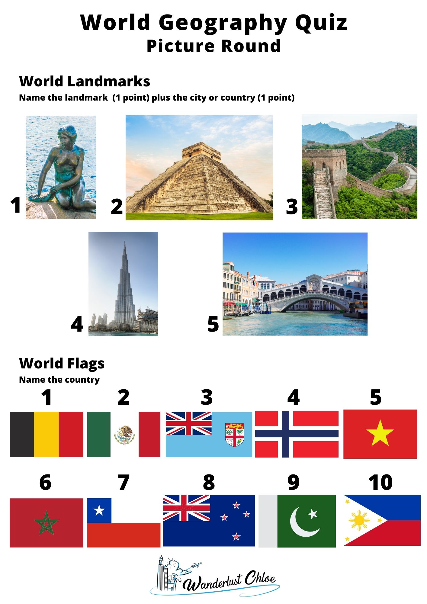 World geography quiz printable - picture round