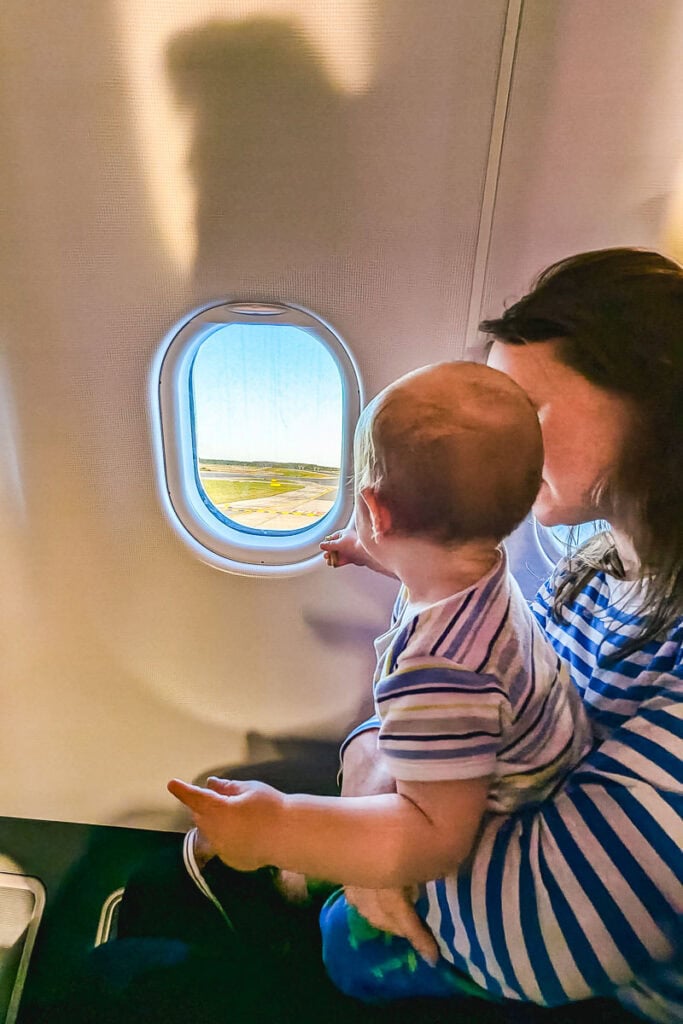 ready for take off on plane with a baby